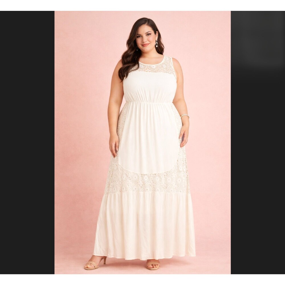 Torrid Floral Crochet Maxi Dress 1X 14 16 Ivory Sleeveless Lined Bridal Cottage